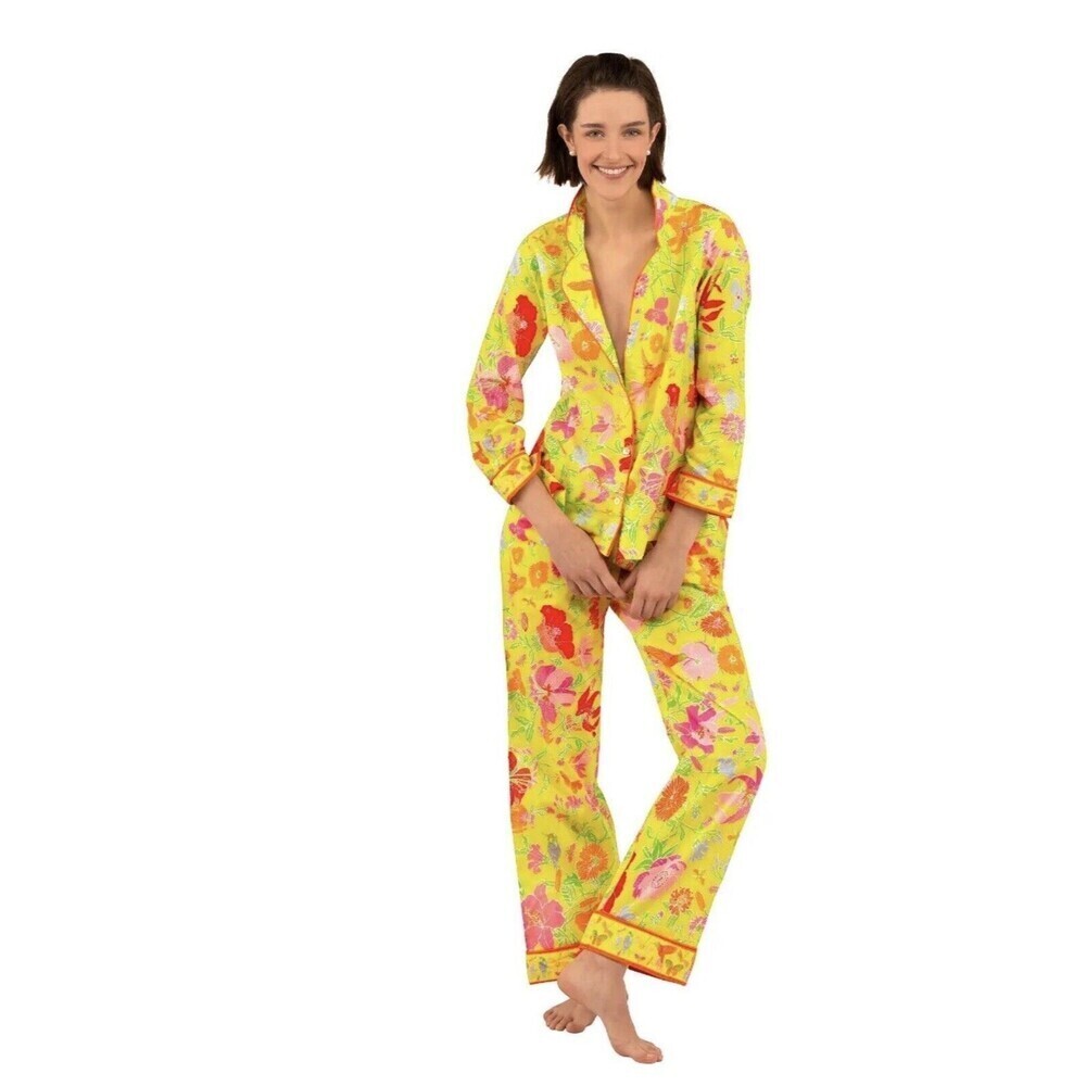 NEW $129 Gretchen Scott Medium 2 Pc Pajamas Lime Green Birds And Bees Top/Pant